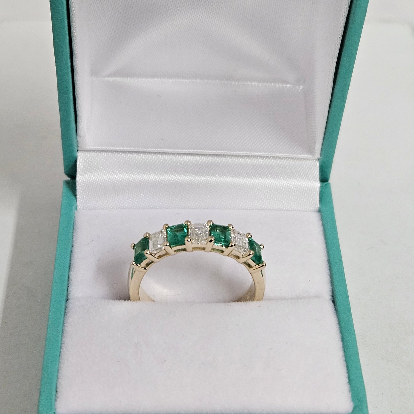 1.5ct Natural Green Emerald & Emerald Cut Diamond Ring /Half Eternity Width 4.8mm Wedding Ring / Anniversary gift