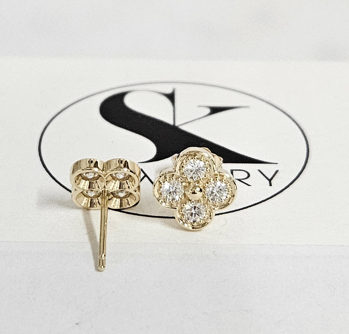Diamond Clover Earrings/14K,18K gold 9.7mm Clover Classic Dainty Cluster Stud Earrings/Natural Diamond Stud Earring/Anniversary Gift