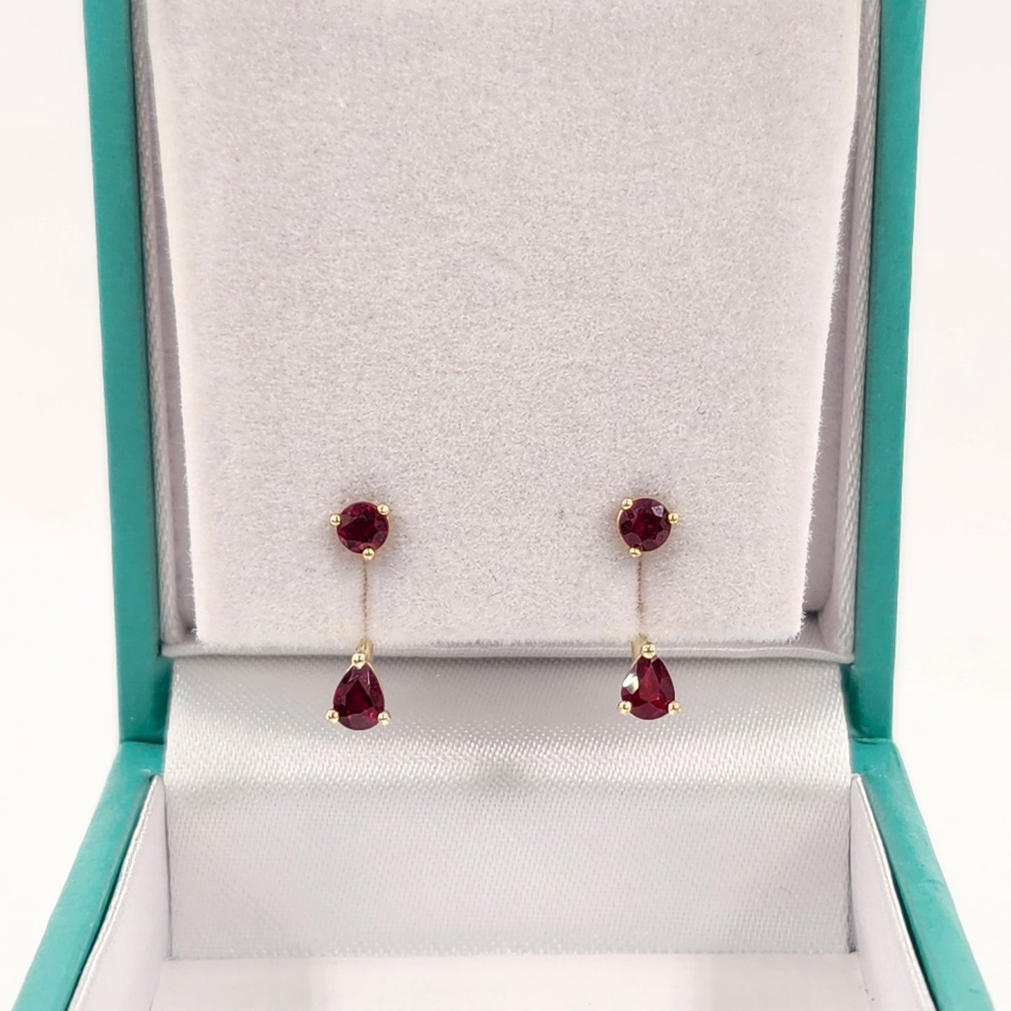 14K Gold Pear Ruby Jacket Earrings: Natural Round Ruby Stud Earring - Anniversary gifts