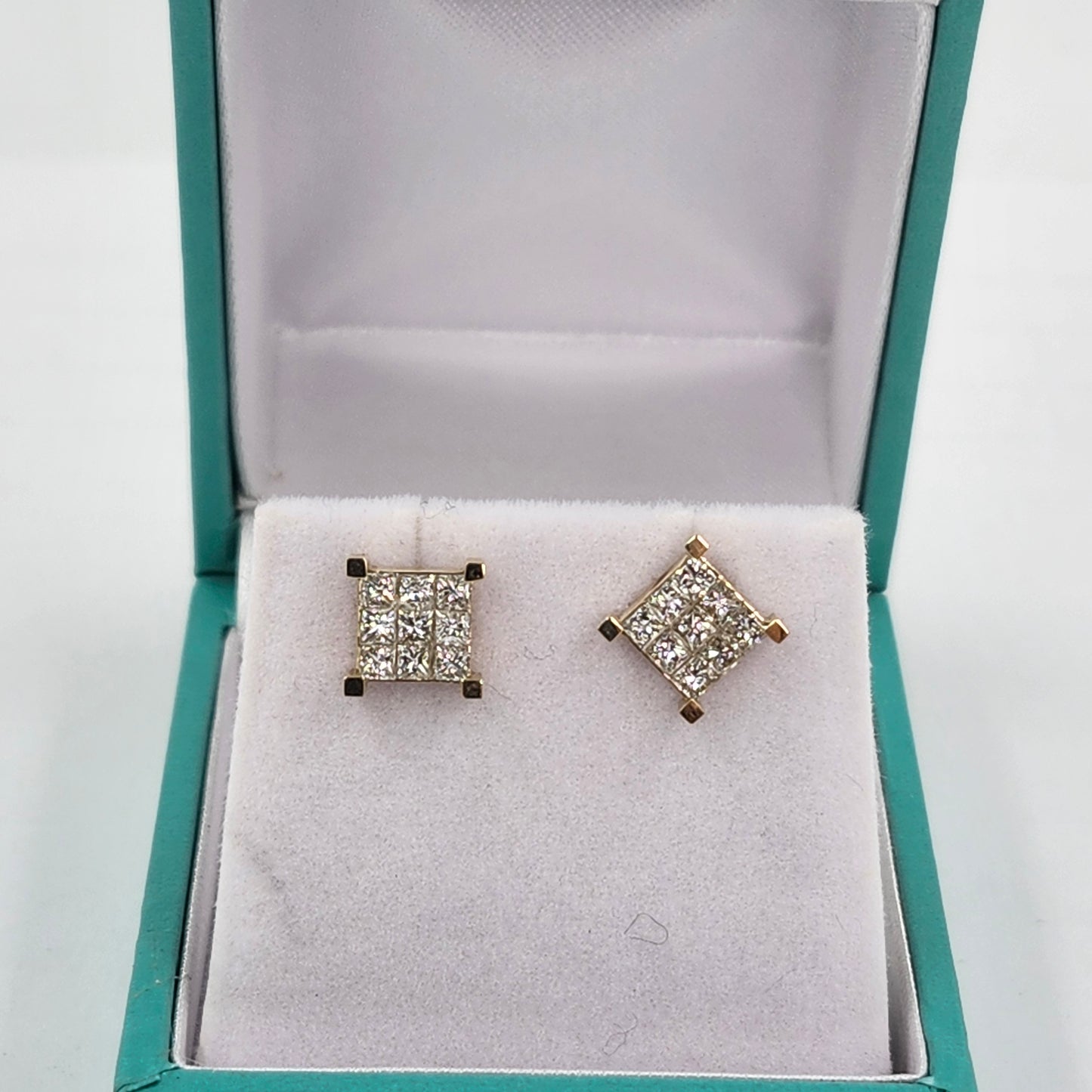 Princess Cut Natural Diamond Stud Earrings: 14K,18K Gold Invisible Setting Earring- Anniversary gift