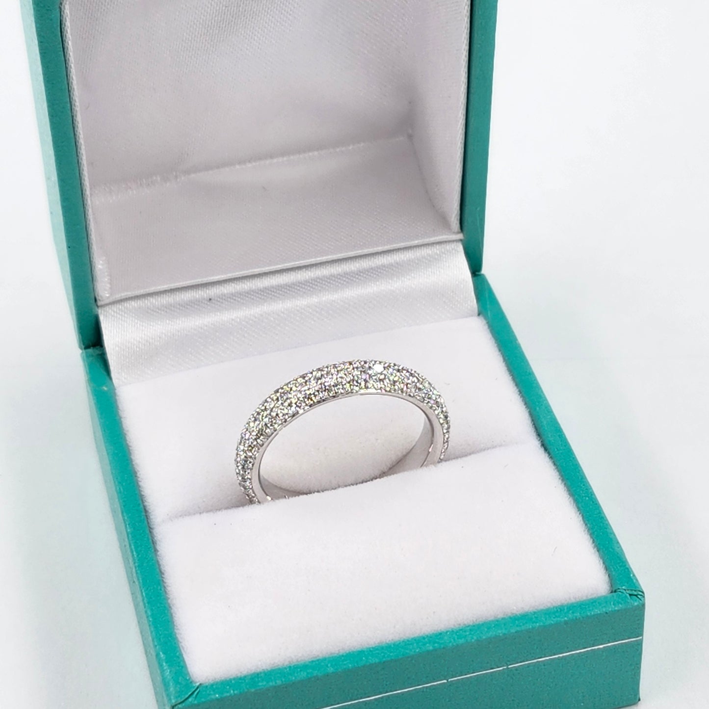 14K Gold Natural Diamond Eternity 4.0mm Wedding Band : 3/4 Eternity Stackable Ring - 3 Row Diamond Anniversary Ring