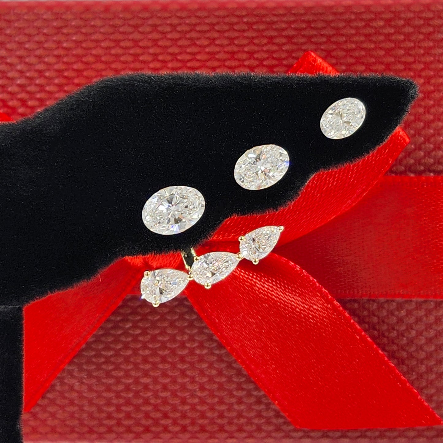 14K Gold Pear Lab Diamond Earring Jacket: Handmade Three Stone Design Jacket earring - Anniversary gift