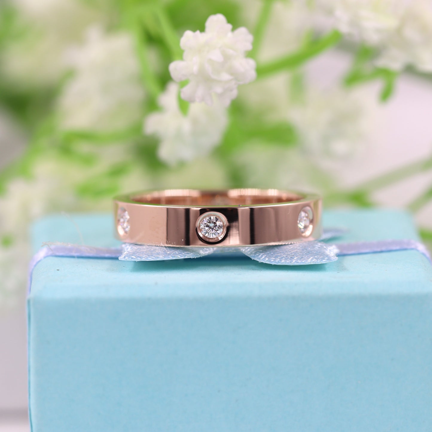 14K Gold Flat Natural Diamond 4mm Wedding Band: Six Diamonds Band - Anniversary Ring