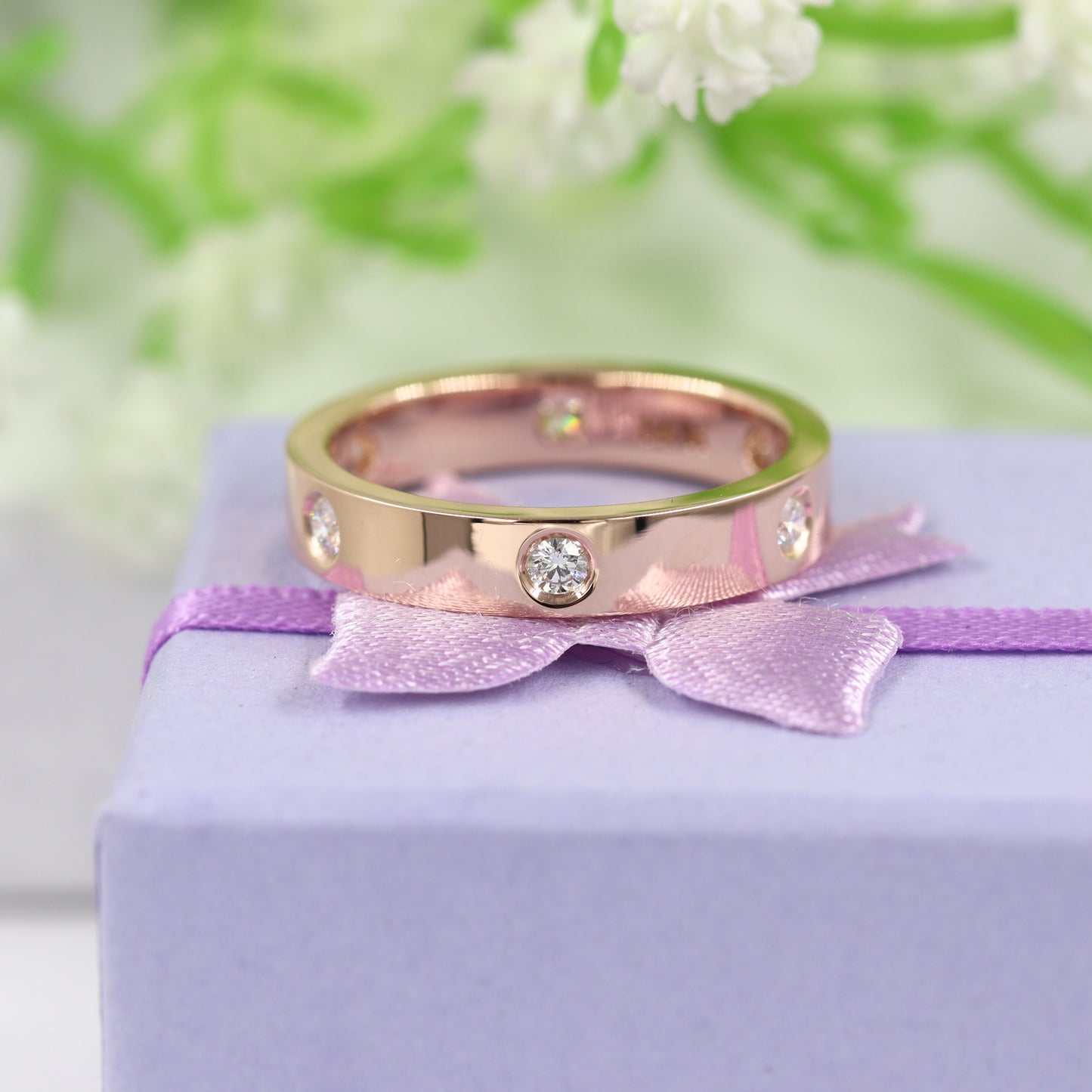 14k Gold 4mm Flat Diamonds Band/ Wedding Band/ Full Diamond Band/ Unisex Men's Women's Wedding Ring/ Simple Diamond Band