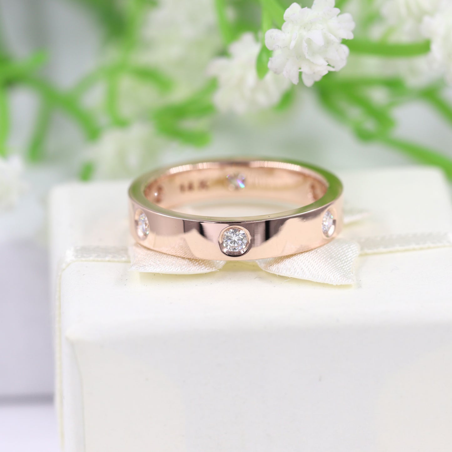 14k Gold 4mm Flat Diamonds Band/ Wedding Band/ Full Diamond Band/ Unisex Men's Women's Wedding Ring/ Simple Diamond Band