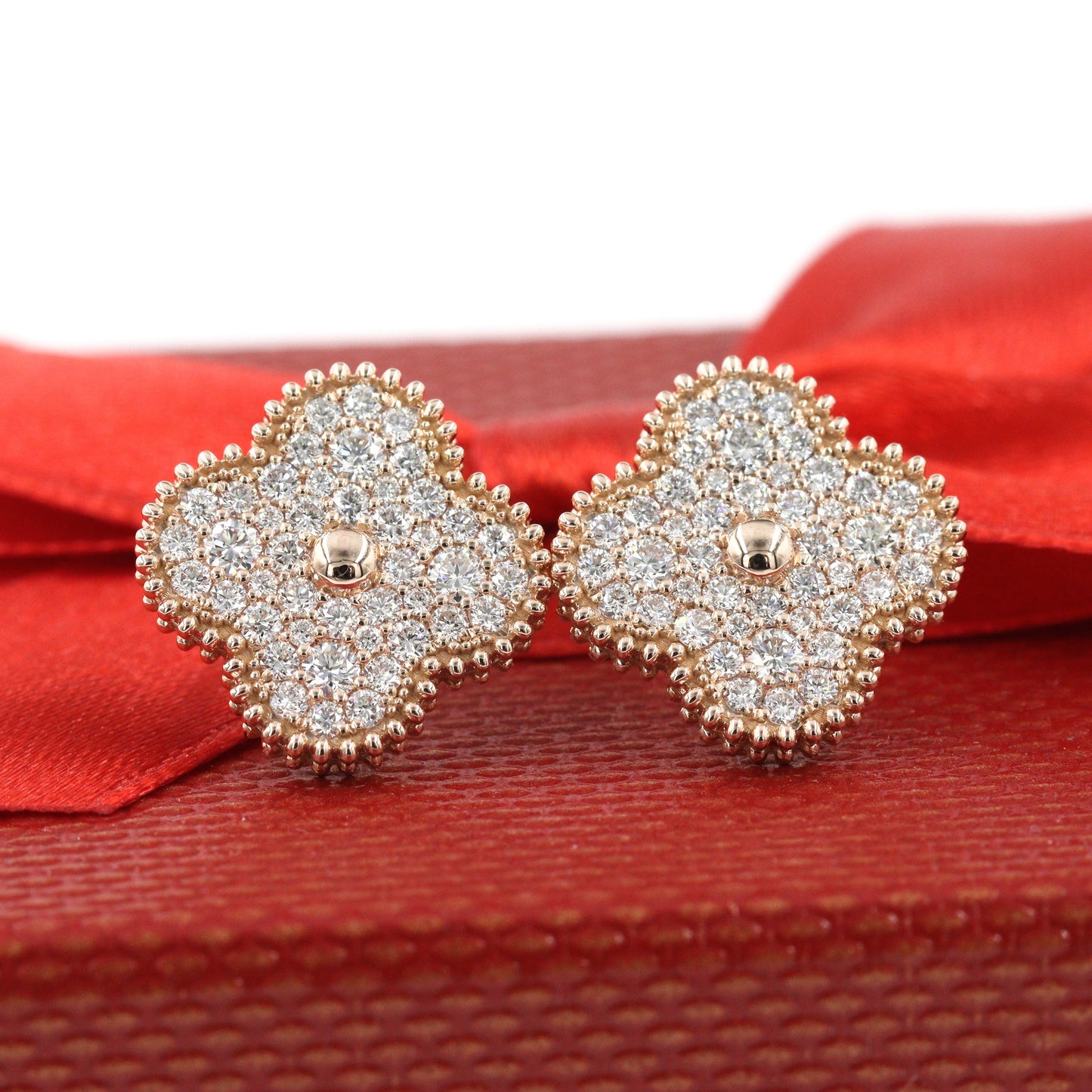 15mm Diamond Clover Earrings/ 14K and 18K Clover Classic Cluster Stud Earrings/ Natural Diamond Stud Earrings 88 Stones/ Anniversary Gift