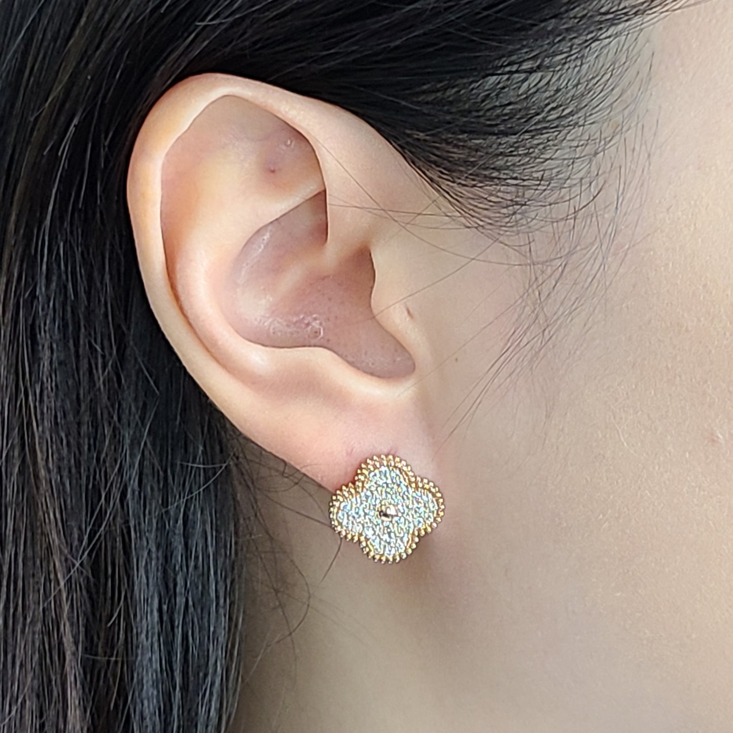 15mm Diamond Clover Earrings/ 14K and 18K Clover Classic Cluster Stud Earrings/ Natural Diamond Stud Earrings 88 Stones/ Anniversary Gift