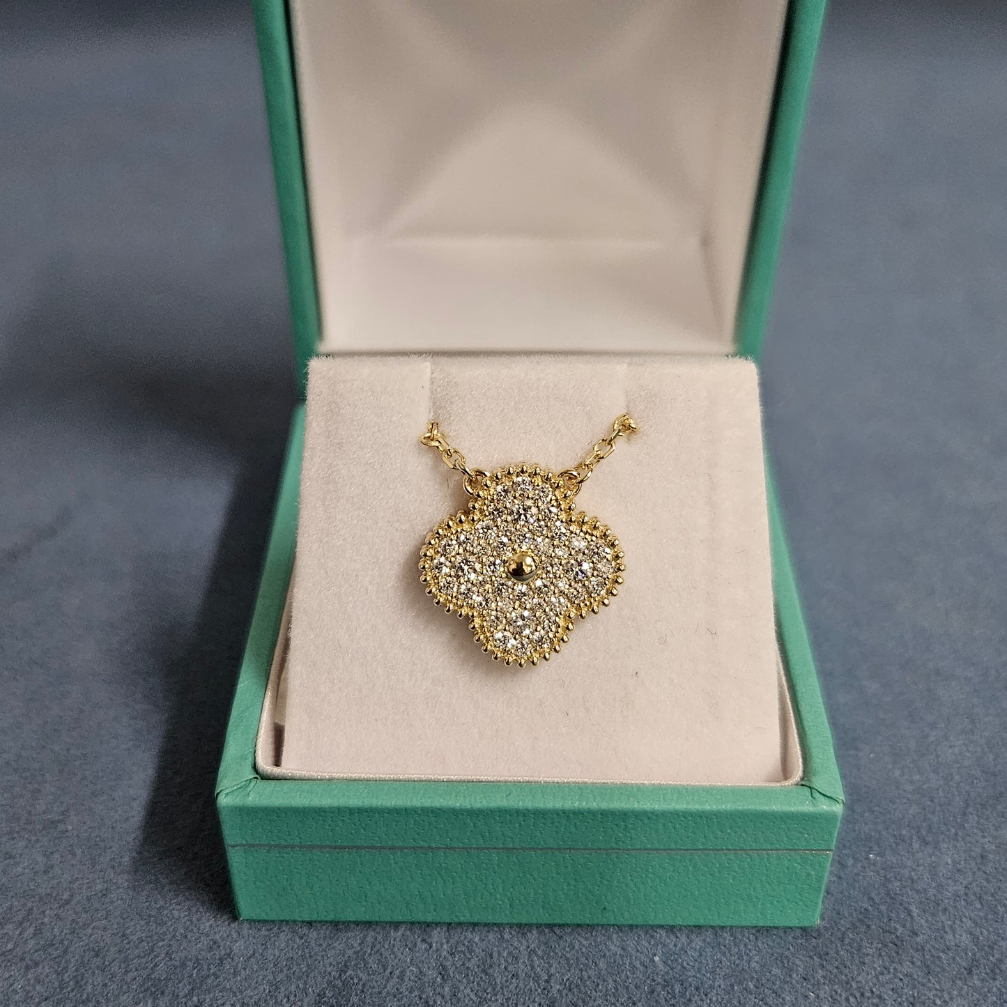 15mm Diamond Clover Pendant/ Clover Charm Necklace/ Diamond Necklace/ Solid 14K and 18K Gold/Diamond Cluster Necklace/Anniversary Gift