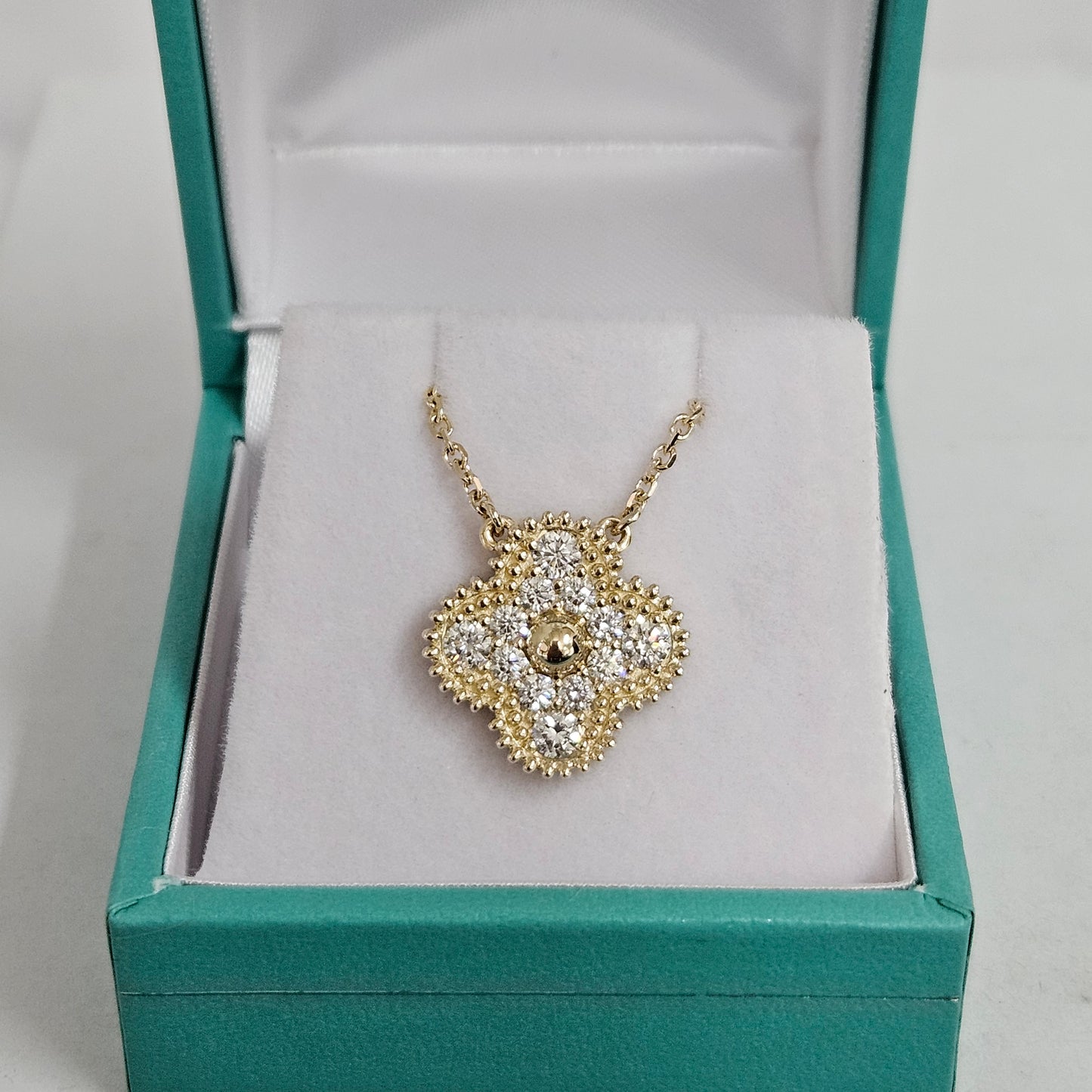 15mm Diamond Clover Pendant /Diamond Clover Charm Necklace/ Solid 14k and 18K Gold/ Diamond Cluster Necklace/ Anniversary Gift