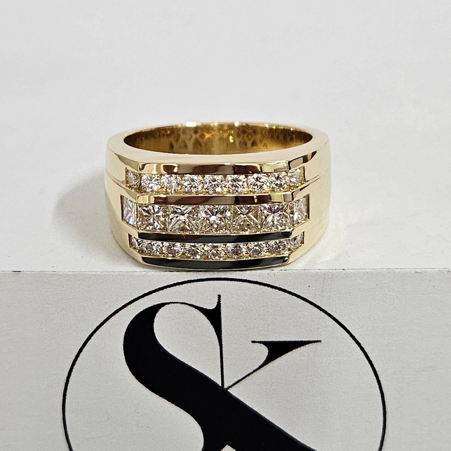 18K Princess Cut & Round Diamond Men's Ring/ Brilliant 2.1ct Diamond Anniversary Ring/ Princess Cut Diamond Men's Ring/Anniversary Gift