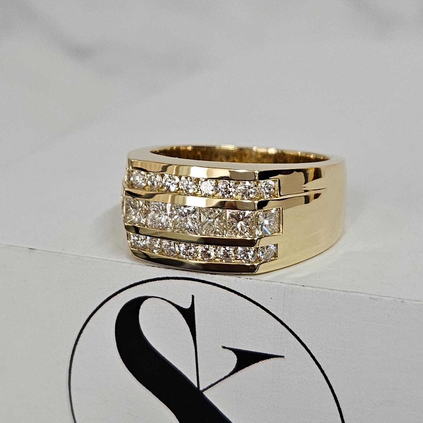 18K Princess Cut & Round Diamond Men's Ring/ Brilliant 2.1ct Diamond Anniversary Ring/ Princess Cut Diamond Men's Ring/Anniversary Gift