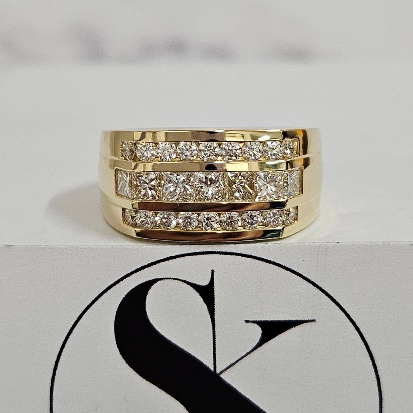 18K Princess Cut & Round Diamond Men's Ring/ Brilliant 2.1ct Diamond Anniversary Ring/ Princess Cut Diamond Men's Ring/Anniversary Gift