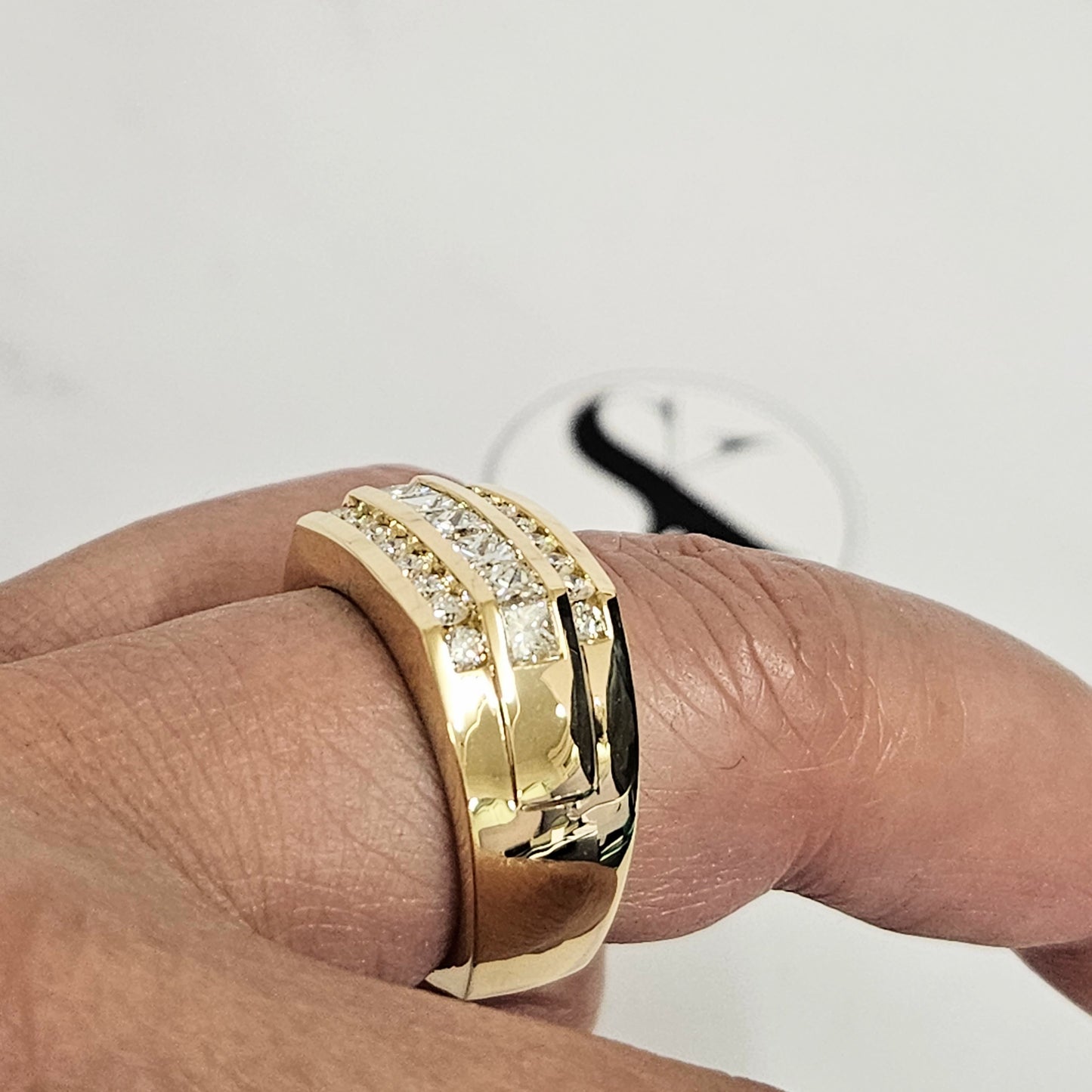 18K Princess Cut & Round Diamond Men's Ring/ Brilliant 2.1ct Diamond Anniversary Ring/ Princess Cut Diamond Men's Ring/Anniversary Gift