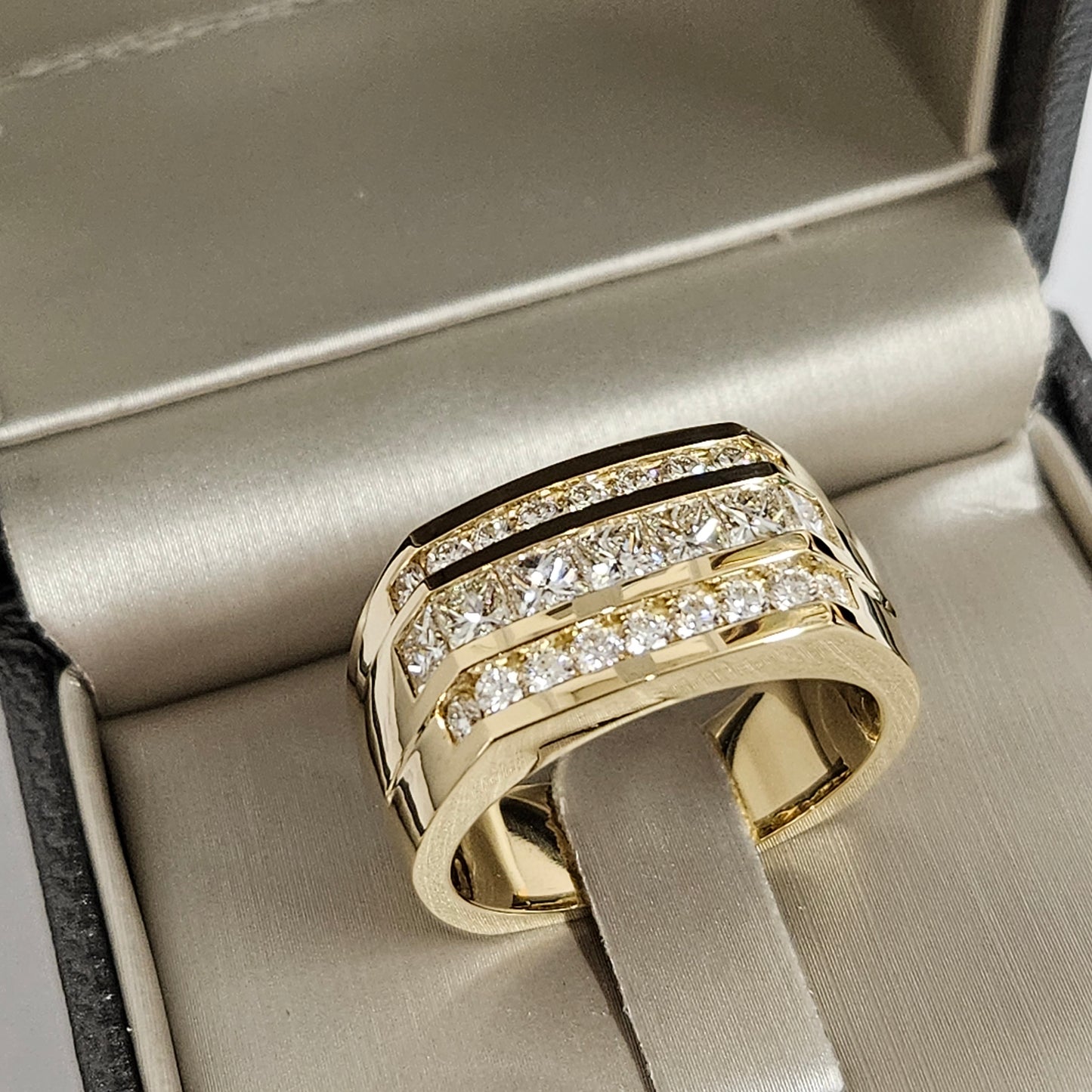 18K Princess Cut & Round Diamond Men's Ring/ Brilliant 2.1ct Diamond Anniversary Ring/ Princess Cut Diamond Men's Ring/Anniversary Gift