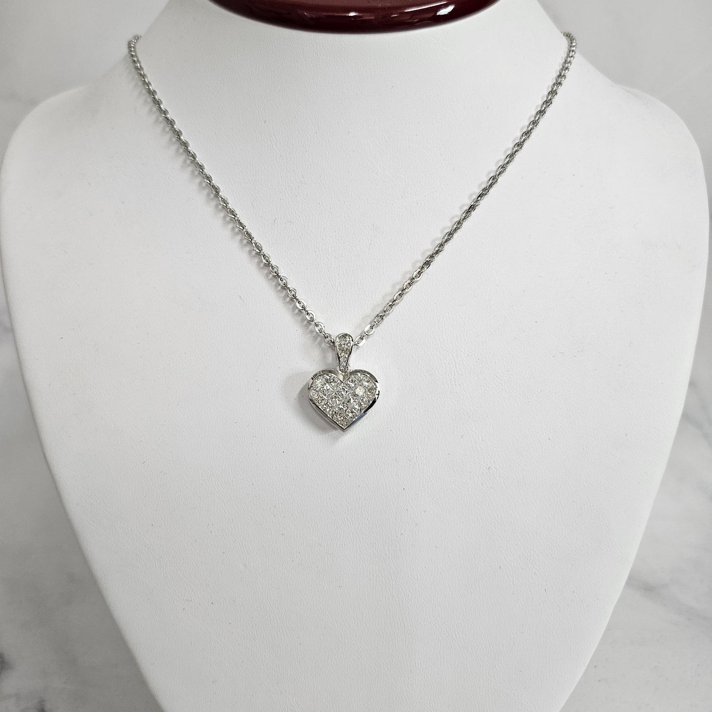 18k White Gold Princess Invisibly Set heart elegant modern classic diamond pendant/Natural Diamond heart Necklace/Anniversary Gift