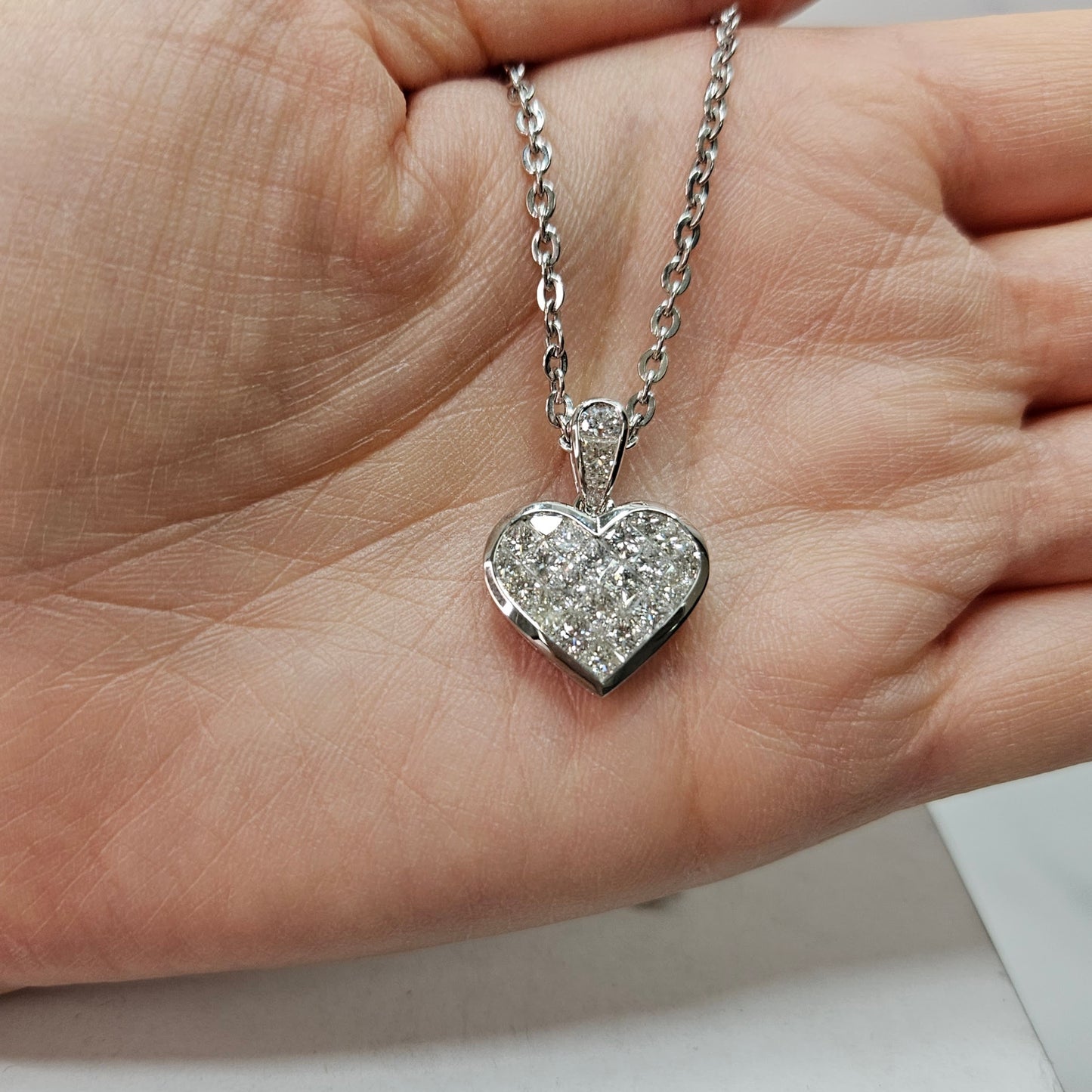 18k White Gold Princess Invisibly Set heart elegant modern classic diamond pendant/Natural Diamond heart Necklace/Anniversary Gift