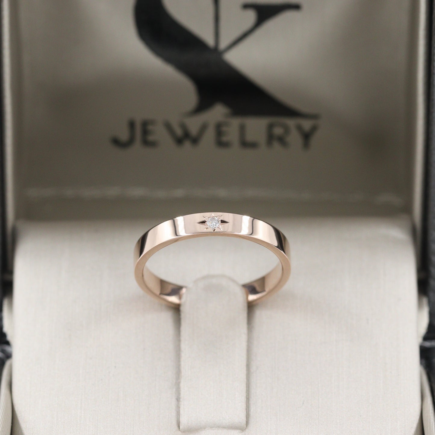 14K Gold Natural Diamond Star Ring: Handmade Flat 3mm Wedding Ring - Anniversary gift