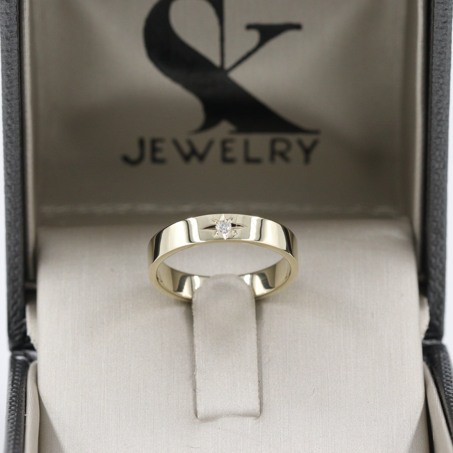 14K Gold Natural Diamond Star Ring: Handmade Flat 4mm Wedding Ring - Anniversary gift