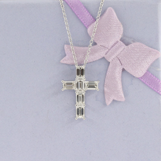 1ct Emerald Cut Natural Diamond Cross Pendant: 14K,18K Gold Diamond Necklace - Anniversary gift