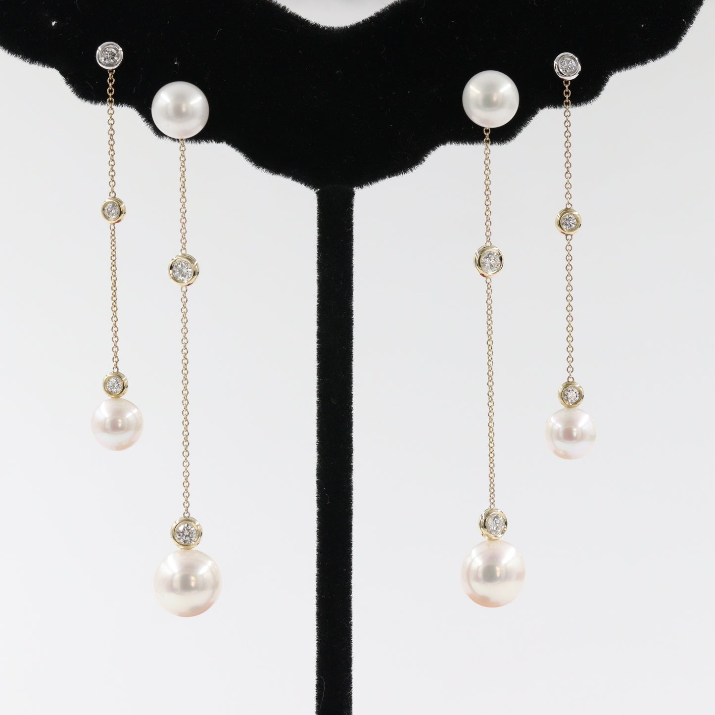 Pearl & Two Natural Diamonds Drop Chain Jackets (pair)/Diamond Dangle 14K Gold Chain Earring Jackets/Bezel Set Diamond Jacket Earrings