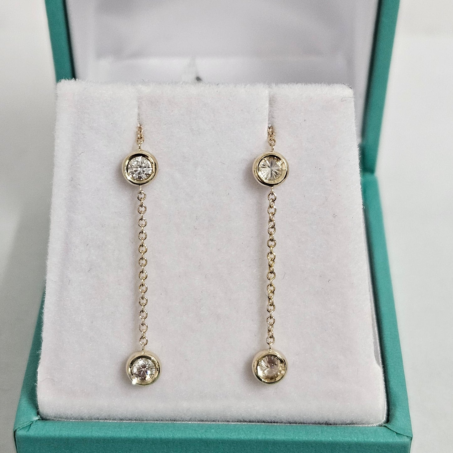 Bezel Set Diamonds Dangle Chain Earring Jacket/ Bezel Set Diamond Jacket Earrings/ Two Diamonds Drop Chain Jacket Earrings/Anniversary gift