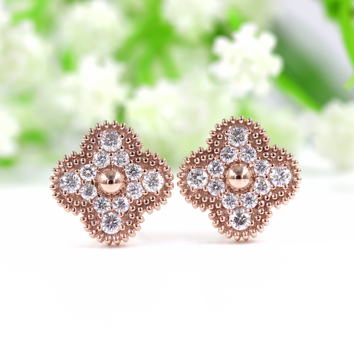 15mm Diamond Clover Earrings/ 14K and 18K Classic Clover Cluster Stud Earrings/ Natural Diamonds/ Pair 1.1ctw/ Anniversary Gift