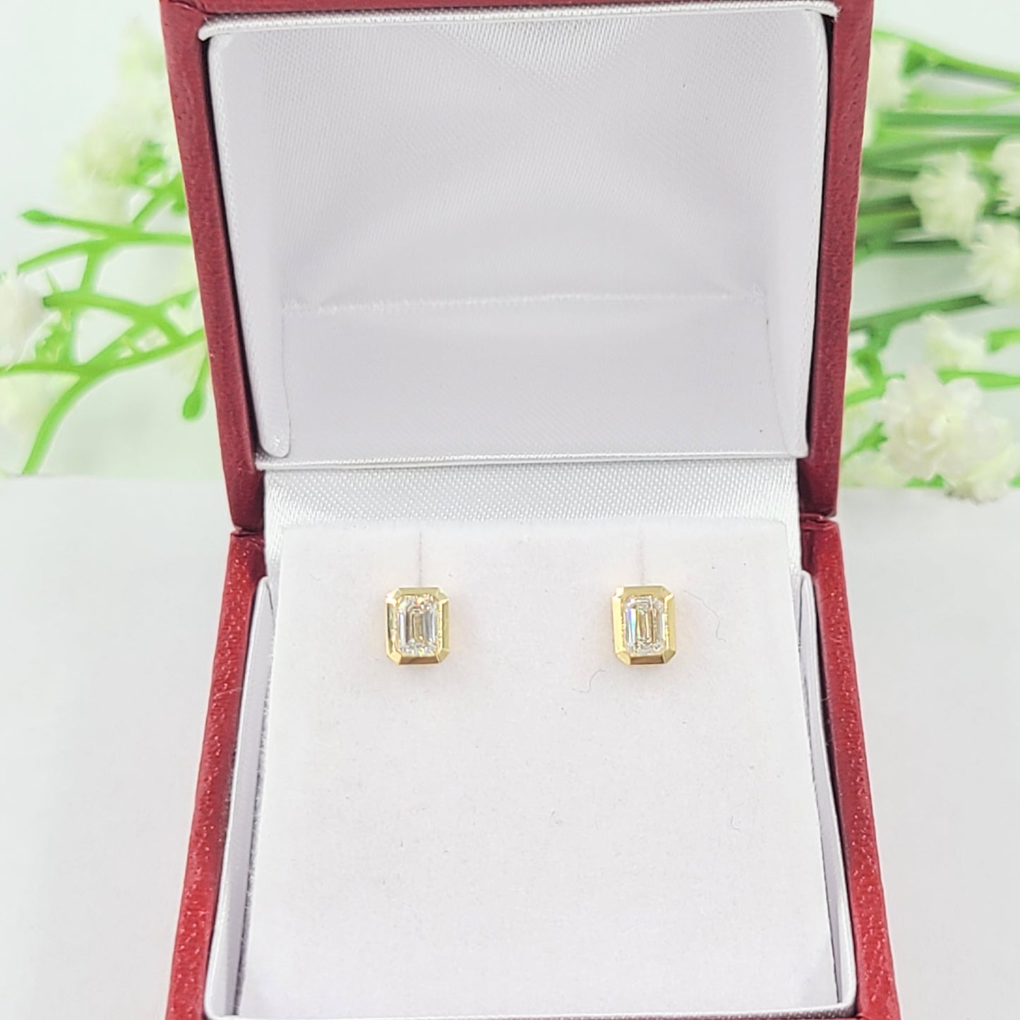 14K Gold Natural Diamond Stud Earrings: Emerald Cut Diamond Bezel Stud Earrings - Anniversary gift