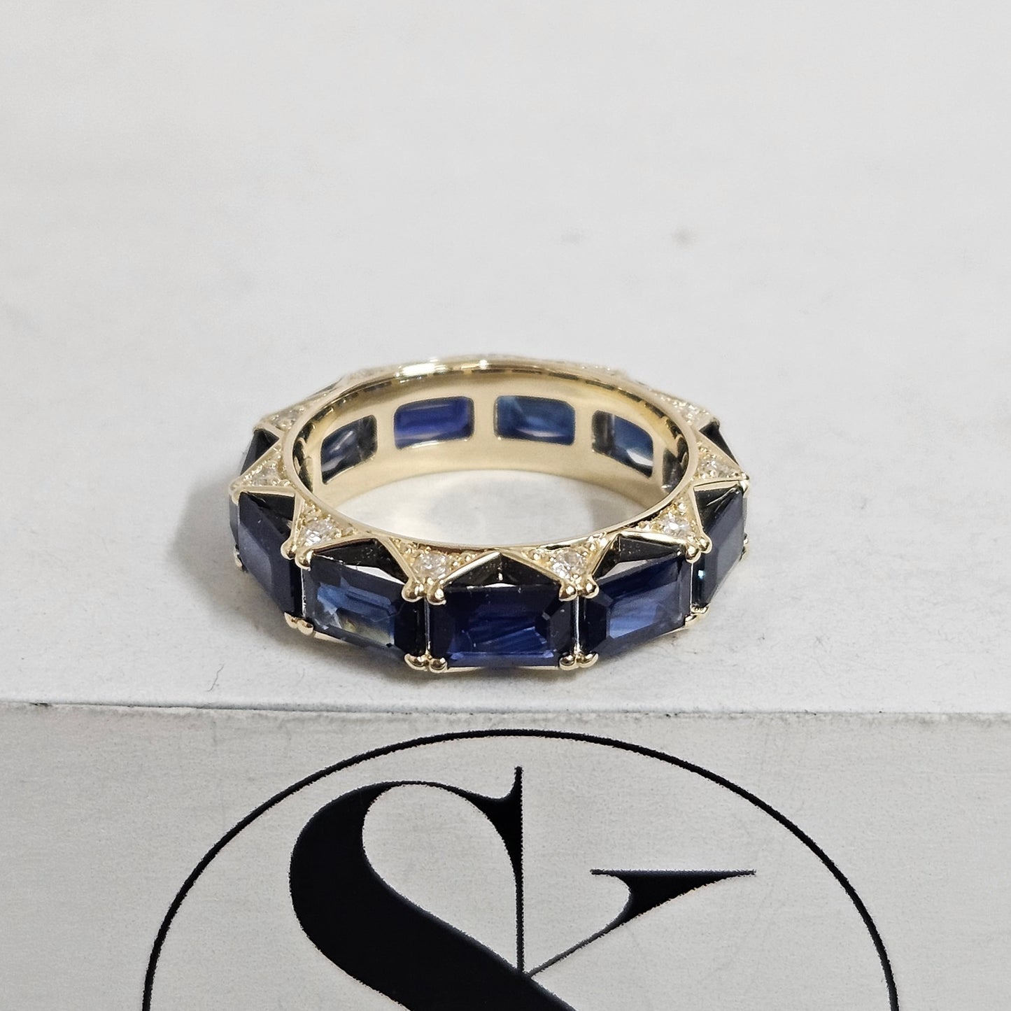 Blue Sapphire Emerald Cut Full Eternity Ring/Natural blue Sapphire Diamond Band/Emerald Cut blue Sapphire, Diamond Anniversary Ring