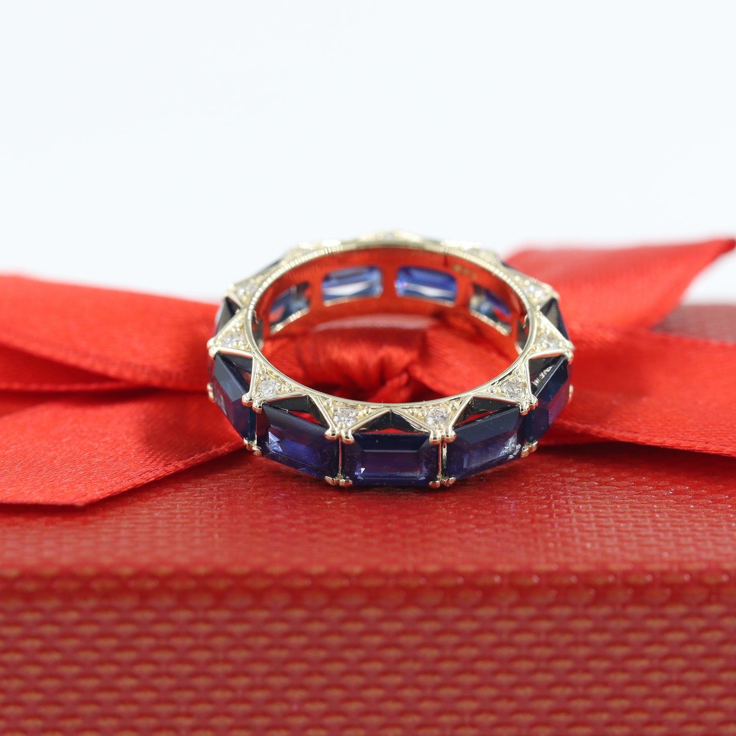 Blue Sapphire Emerald Cut Full Eternity Ring/Natural blue Sapphire Diamond Band/Emerald Cut blue Sapphire, Diamond Anniversary Ring