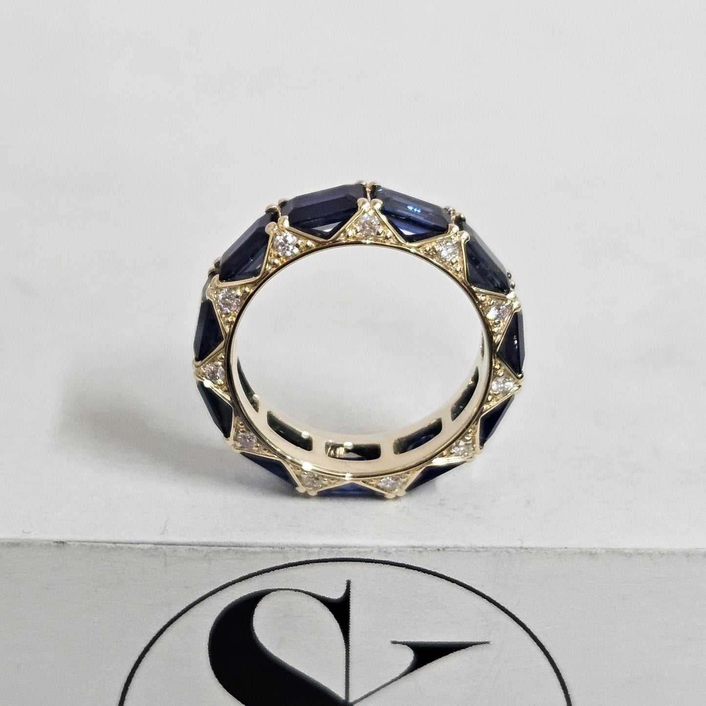 Blue Sapphire Emerald Cut Full Eternity Ring/Natural blue Sapphire Diamond Band/Emerald Cut blue Sapphire, Diamond Anniversary Ring