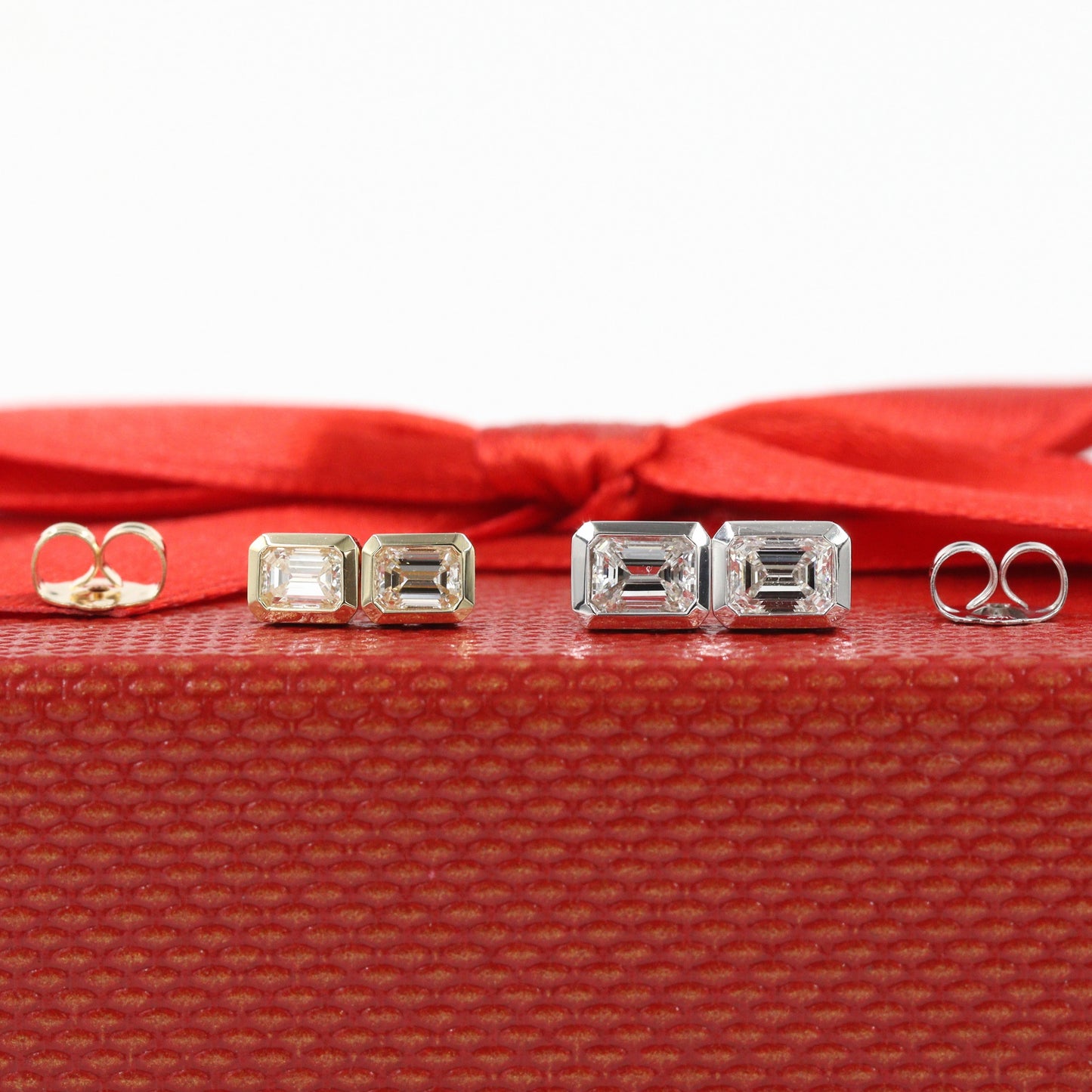 14K Gold Natural Diamond Stud Earrings: Emerald Cut Diamond Bezel Stud Earrings - Anniversary gift