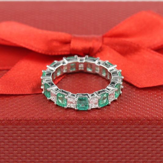 3.1ct Natural Green Emerald & Emerald Cut Diamond Ring / Alternating Full Eternity Width 4.1mm Platinum Wedding Ring / Anniversary gift