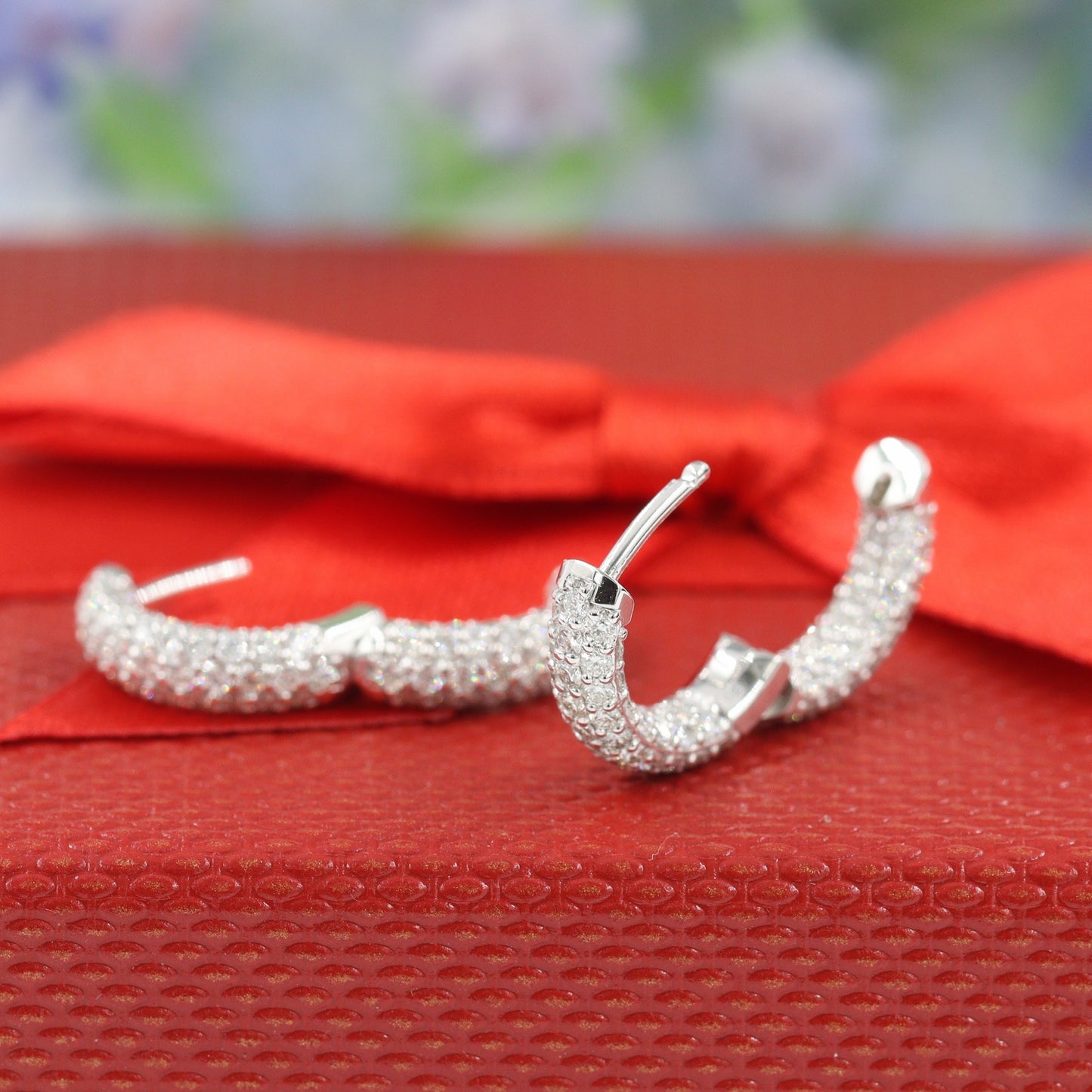 6 Row Full Natural Diamond Hoop 1.7ct Dome Huggies/Men's & Women's Diamond Hoop Earrings/14K-18K Diamond 13mm Hoop Earrings/Anniversary gift