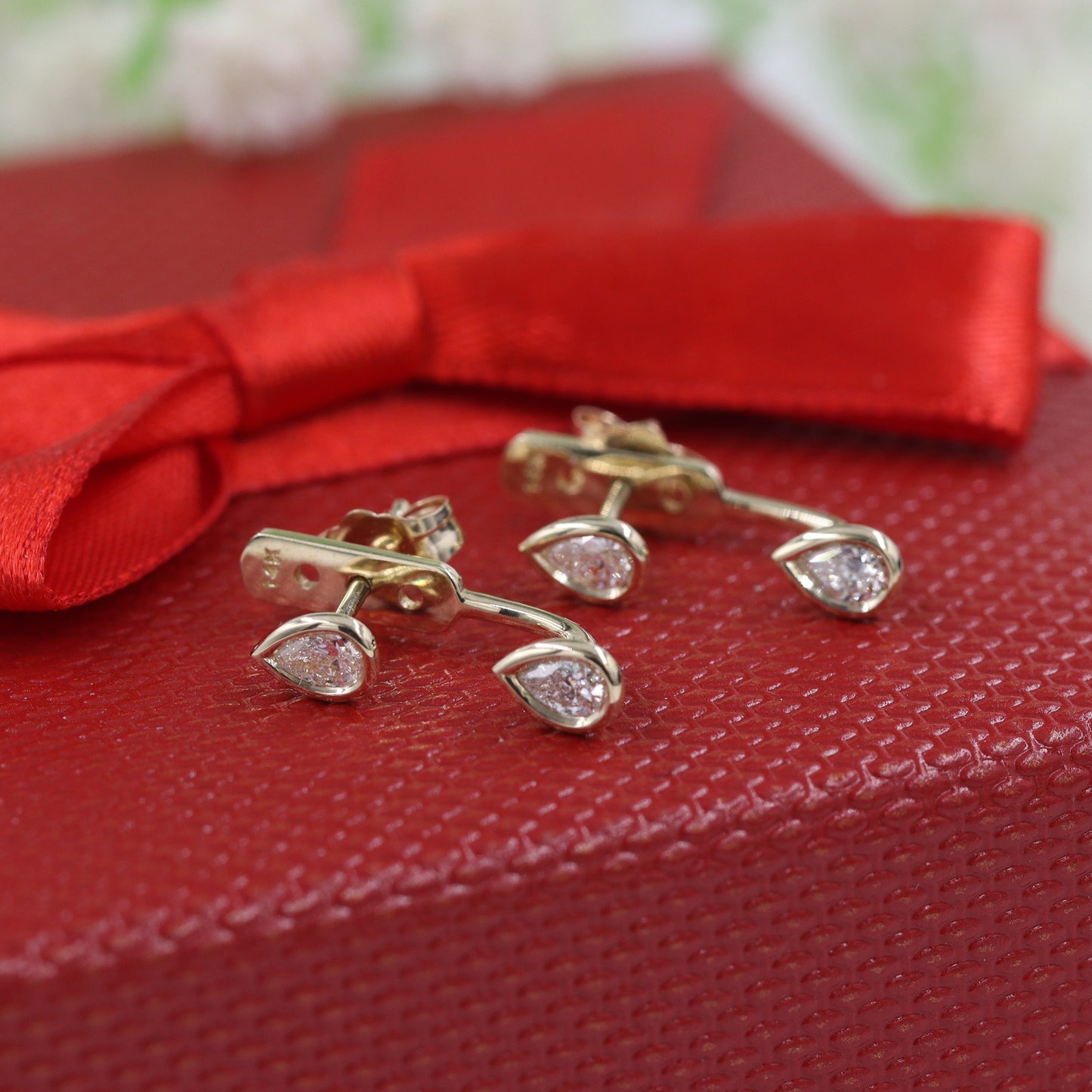 Handmade Pear Shape Diamond Solitaire Bezel Set Jacket Earrings/Pear Bezel Set Natural Diamond Earring/Pear Jacket Earrings/Anniversary gift