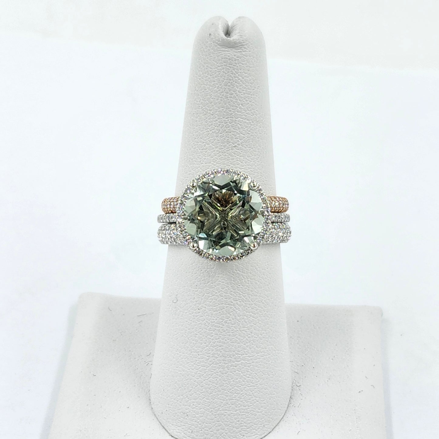 Handmade Platinum Green Amethyst Ring: Lab Grown Diamond Halo Ring - Anniversary gift