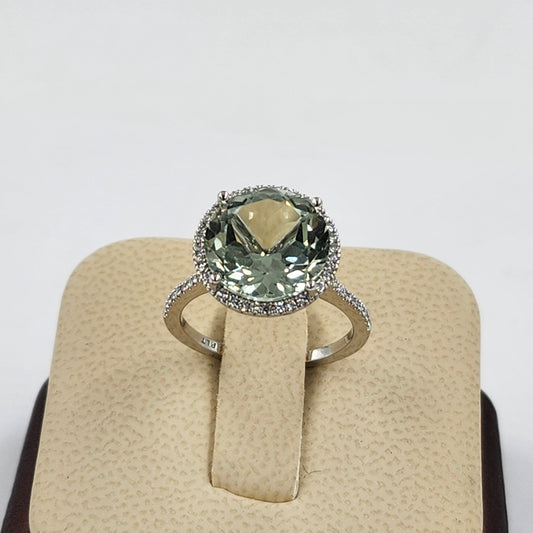 Handmade Platinum Green Amethyst Ring: Lab Grown Diamond Halo Ring - Anniversary gift