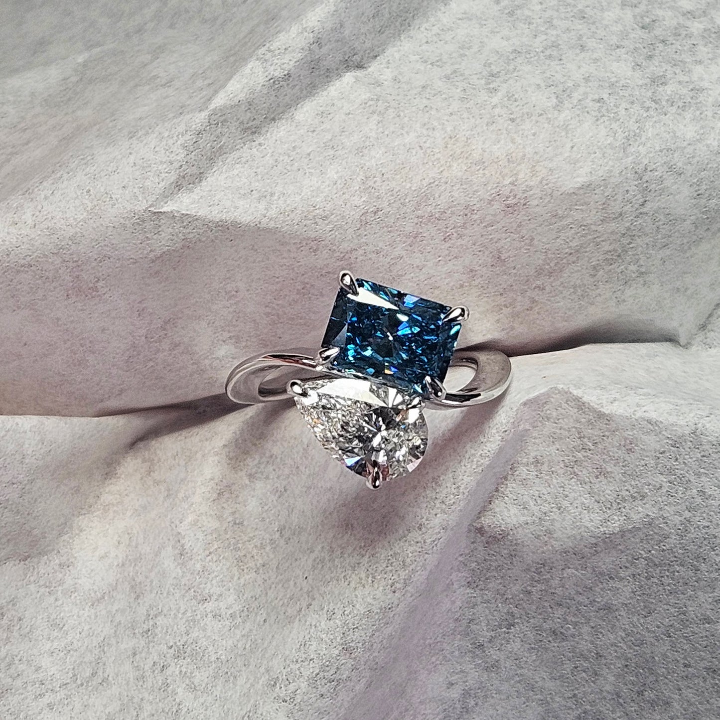 Lab Grown Pear, Radiant Cut Diamond Ring/Two Stones Diamond Ring/Certified Diamond Ring/Unique Anniversary Ring/Anniversary gift