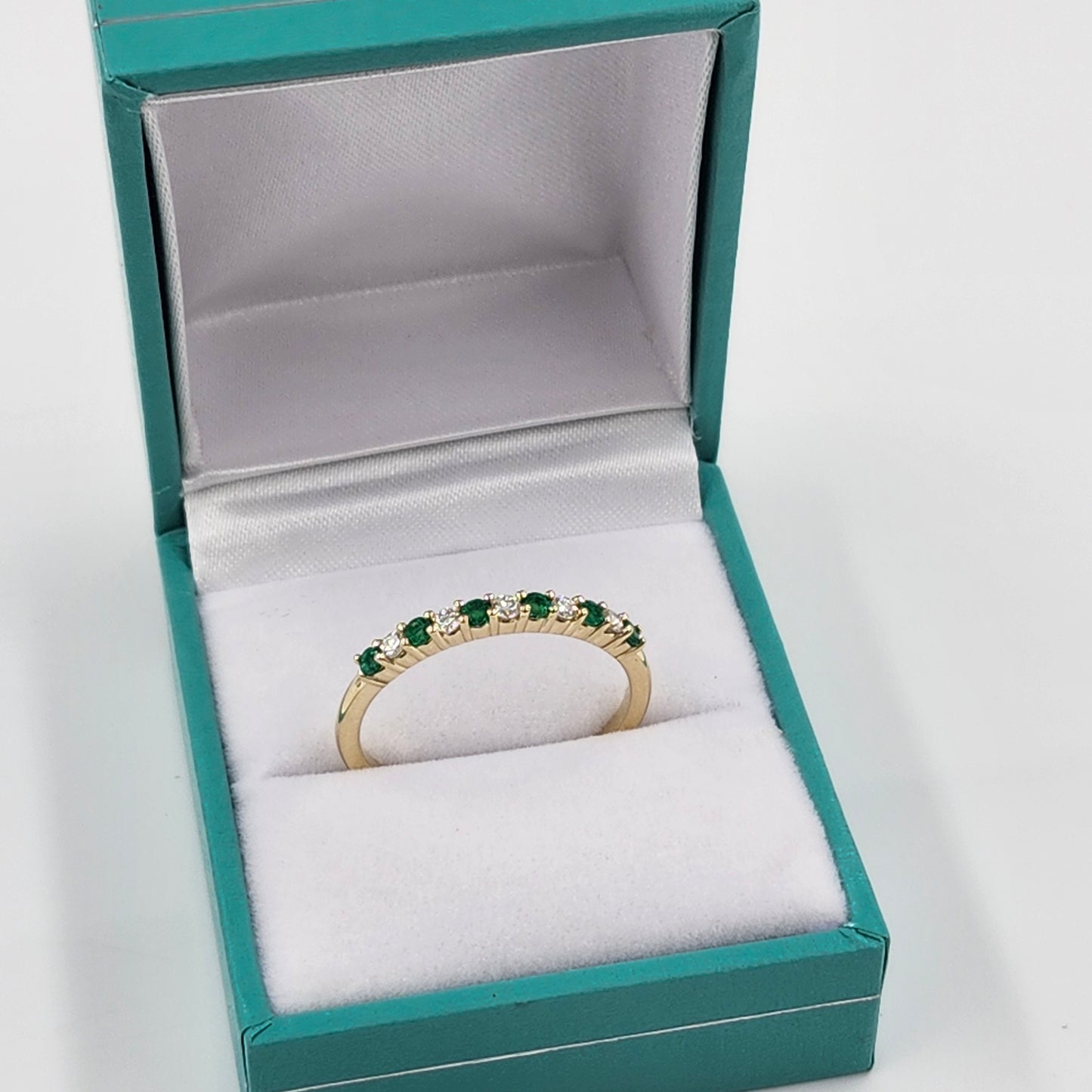 Natural Green Emerald & Natural Diamond Ring /14K,18K gold Half Eternity Wedding Ring /Stackable Diamond Ring/ Anniversary gift