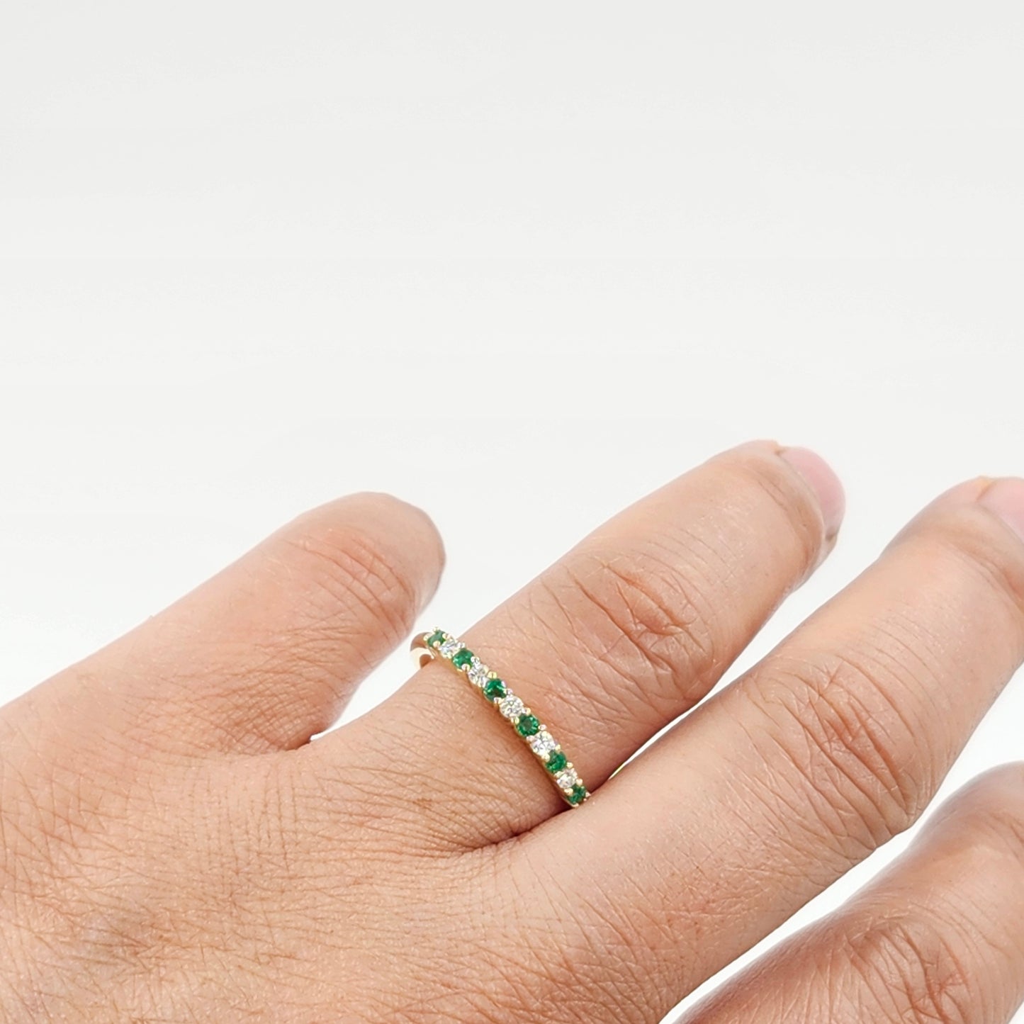 Natural Green Emerald & Natural Diamond Ring /14K,18K gold Half Eternity Wedding Ring /Stackable Diamond Ring/ Anniversary gift