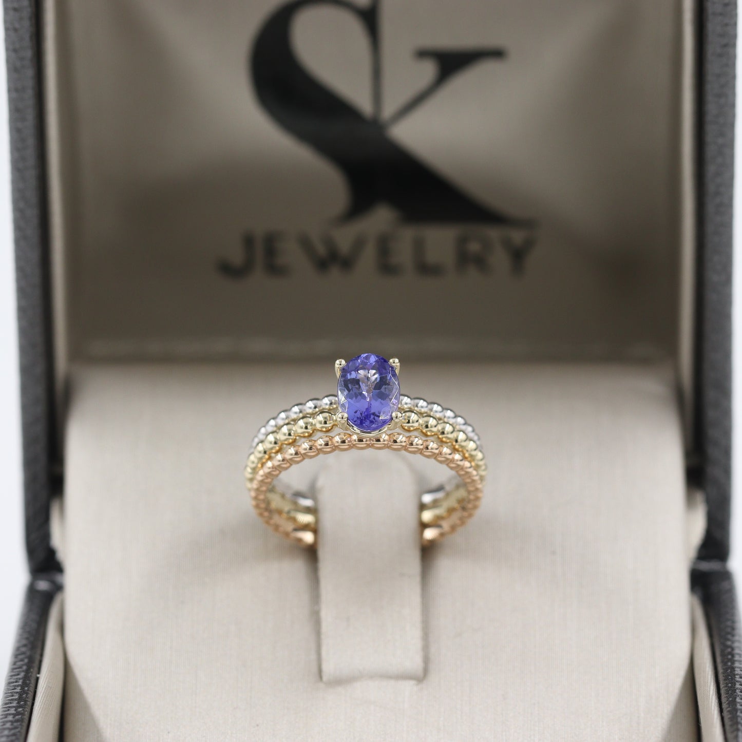 Oval Tanzanite 14k Gold Stackable Wedding Ring: Dainty Silhouette Bead Band - Anniversary Gift