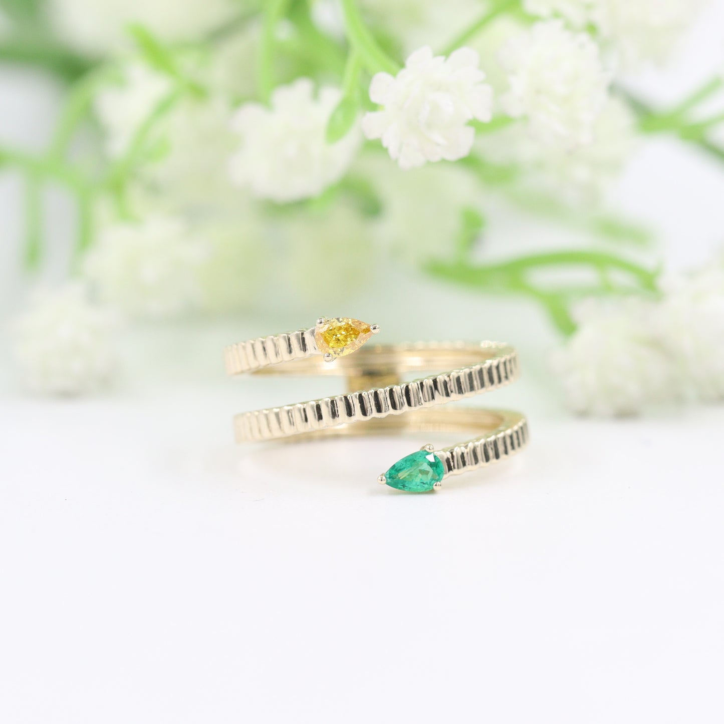 Pear Fancy Yellow Diamond & Pear Emerald Ring/ Natural Pear Fancy Yellow Diamond Green Emerald Ring/ Two Pear Cluster Ring/Anniversary Gift