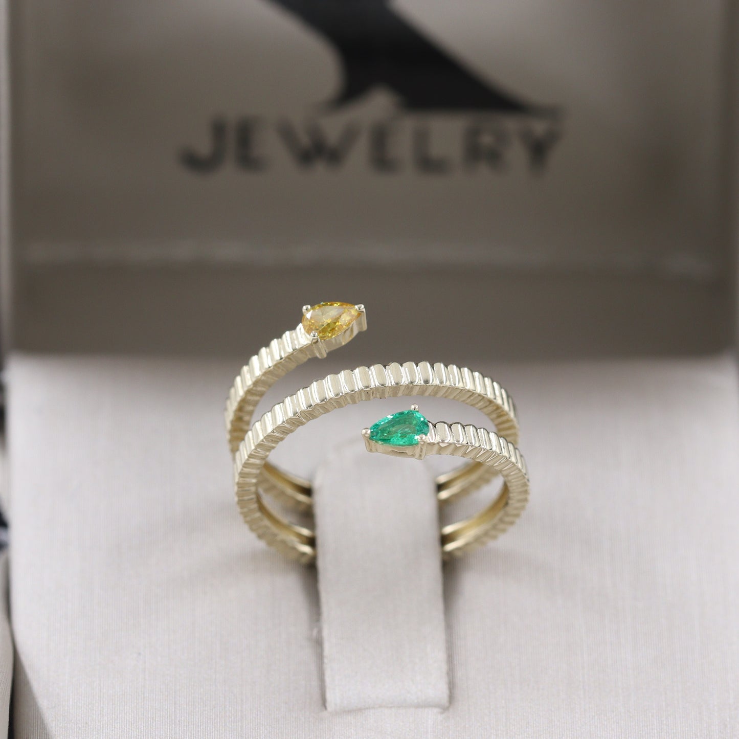 Pear Fancy Yellow Diamond & Pear Emerald Ring/ Natural Pear Fancy Yellow Diamond Green Emerald Ring/ Two Pear Cluster Ring/Anniversary Gift