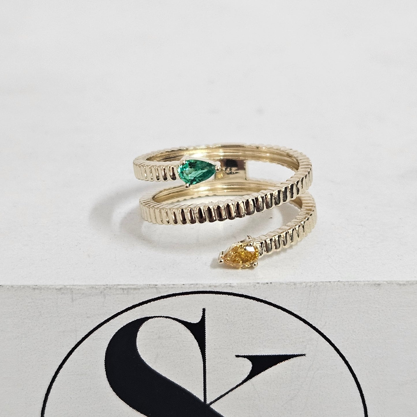Pear Fancy Yellow Diamond & Pear Emerald Ring/ Natural Pear Fancy Yellow Diamond Green Emerald Ring/ Two Pear Cluster Ring/Anniversary Gift