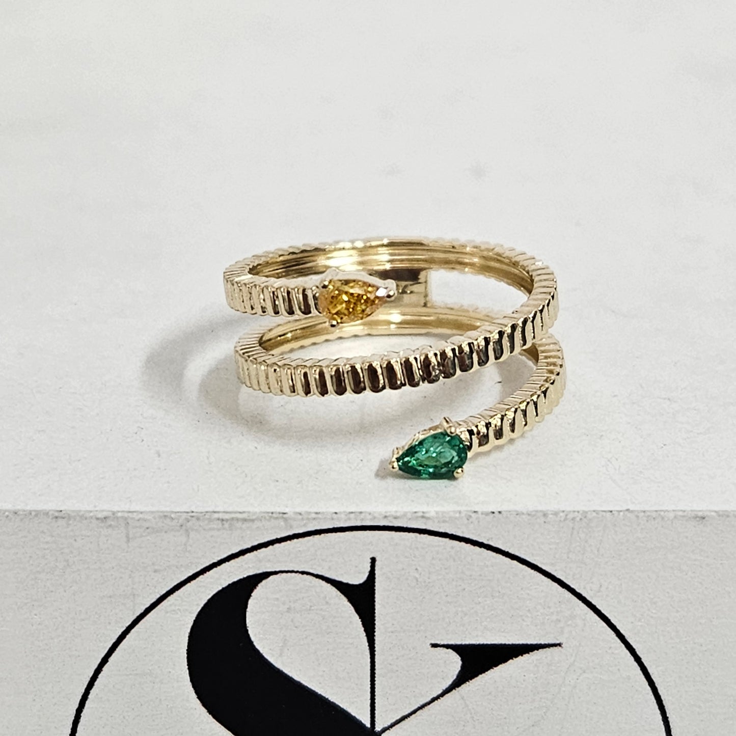 Pear Fancy Yellow Diamond & Pear Emerald Ring/ Natural Pear Fancy Yellow Diamond Green Emerald Ring/ Two Pear Cluster Ring/Anniversary Gift