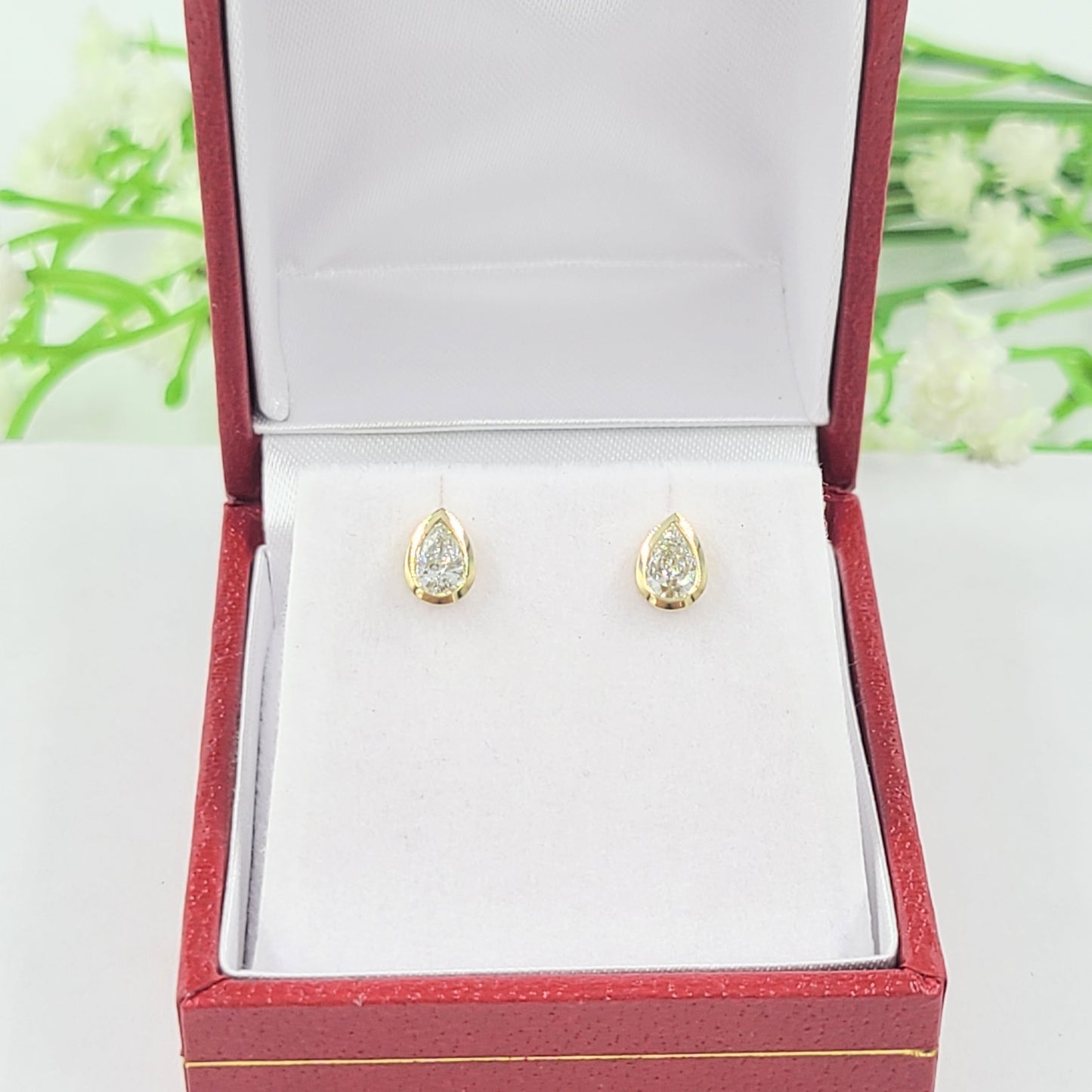 14K Gold Natural Diamond Stud Earrings: Pear Diamond Bezel Stud Earrings - Anniversary gift