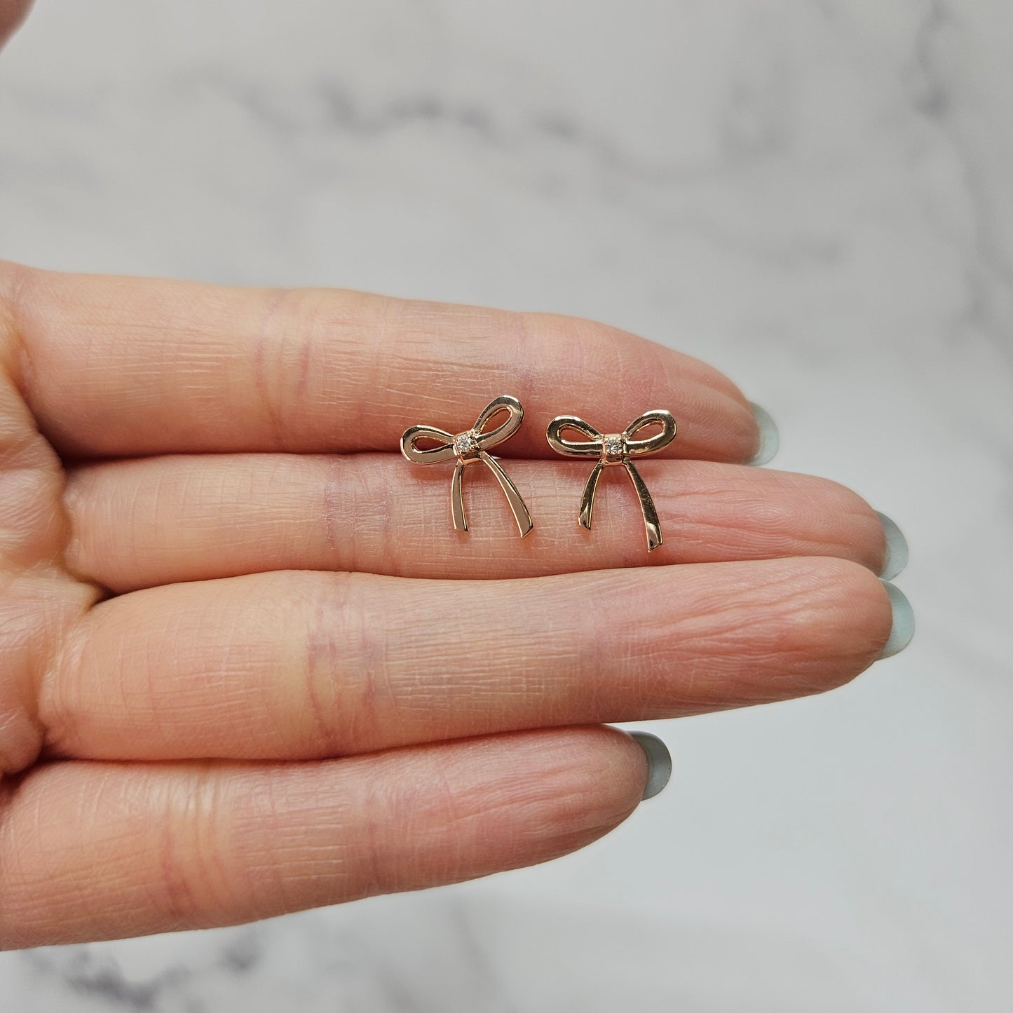 14K Gold Ribbon Earring Pair with Diamond/ Anniversary Gift