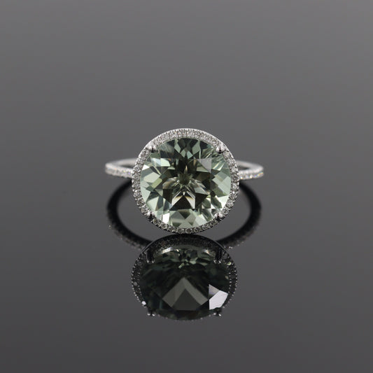 Round Green Amethyst Diamond Ring/14K gold handmade halo ring/Stackable 5ct Round Green Amethyst Lab Grown Diamond  Ring/Anniversary gift