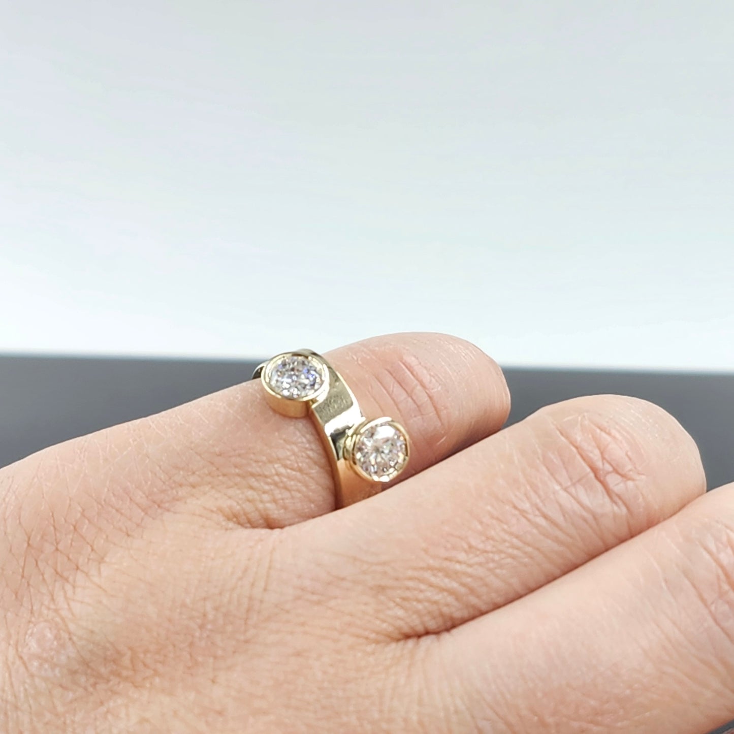 Tow Diamond Pinky Ring/Round Lab Grown Diamond Ring/Two Stones 1.5Ctw Bezel Set Diamond Ring/Unique Anniversary Ring/Anniversary gift