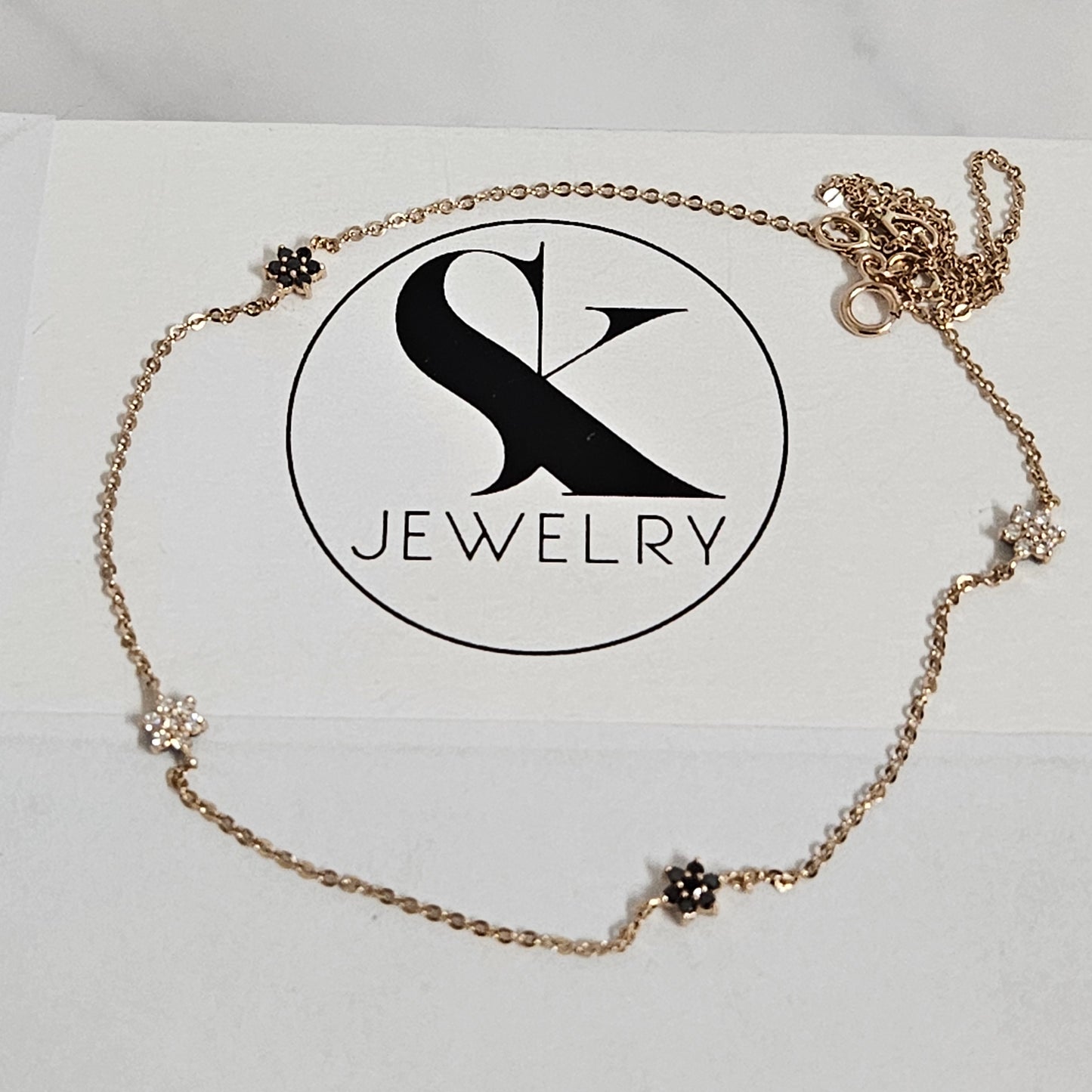 White and Black Diamond 2 Sides Charm in One Necklace/14K gold White and Black Diamond Yard Flower Choker/2 Sides Diamond/Anniversary Gift