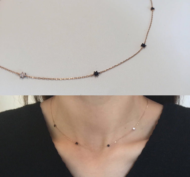 White and Black Diamond 2 Sides Charm in One Necklace/14K gold White and Black Diamond Yard Flower Choker/2 Sides Diamond/Anniversary Gift